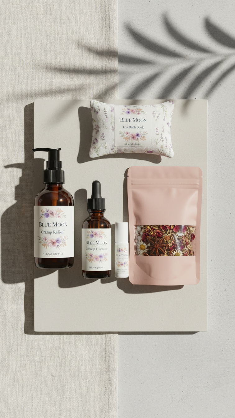 Blue Moon by Asana Crystal herbal wellness products flat lay