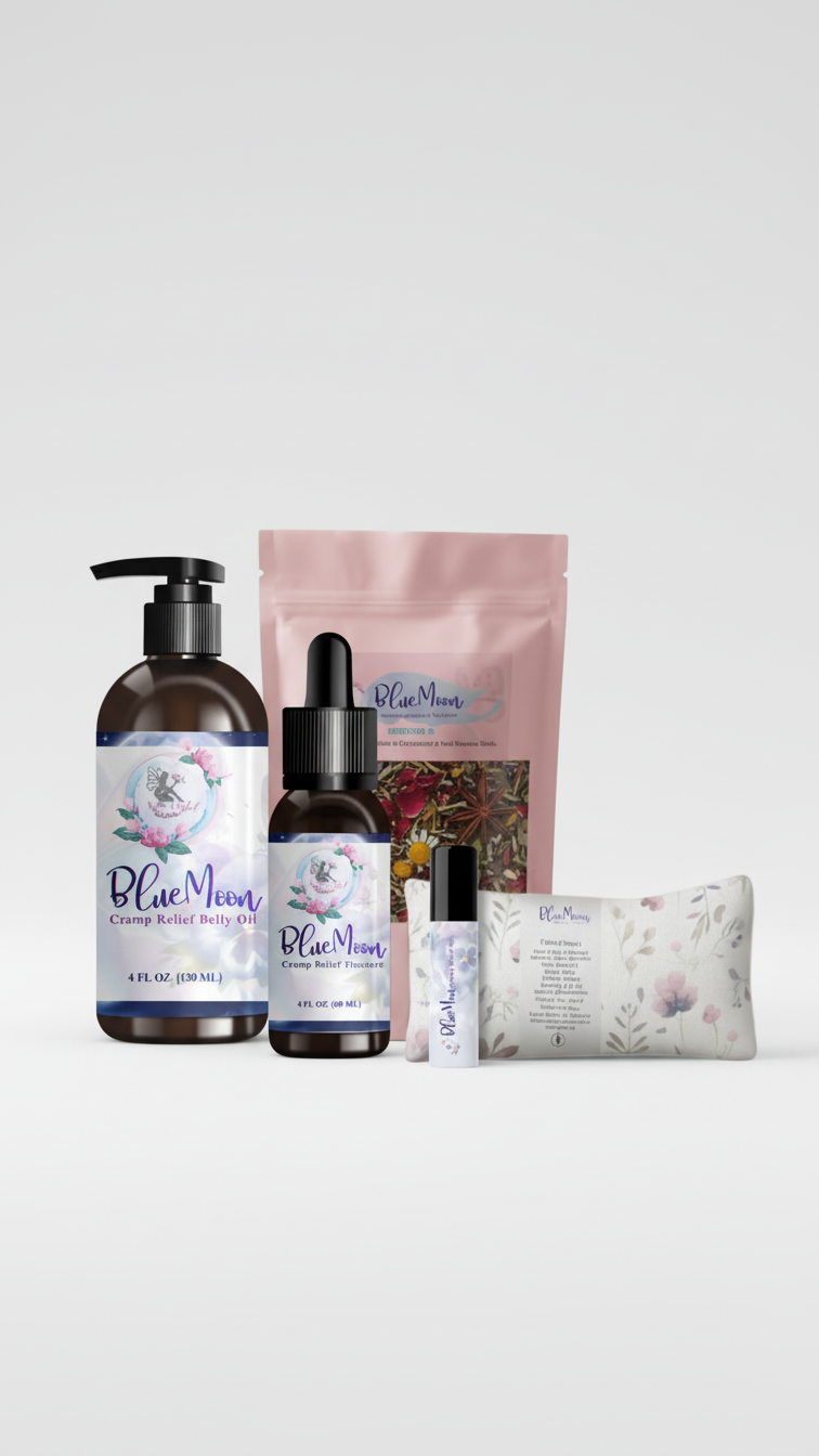 Blue Moon cramp relief belly oil tincture and tea bath soak collection