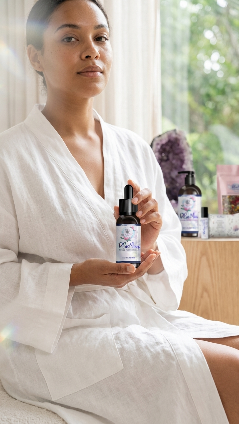 Blue Moon by Asana Crystal full herbal product collection with belly oil, tincture, roller, and tea bath soak