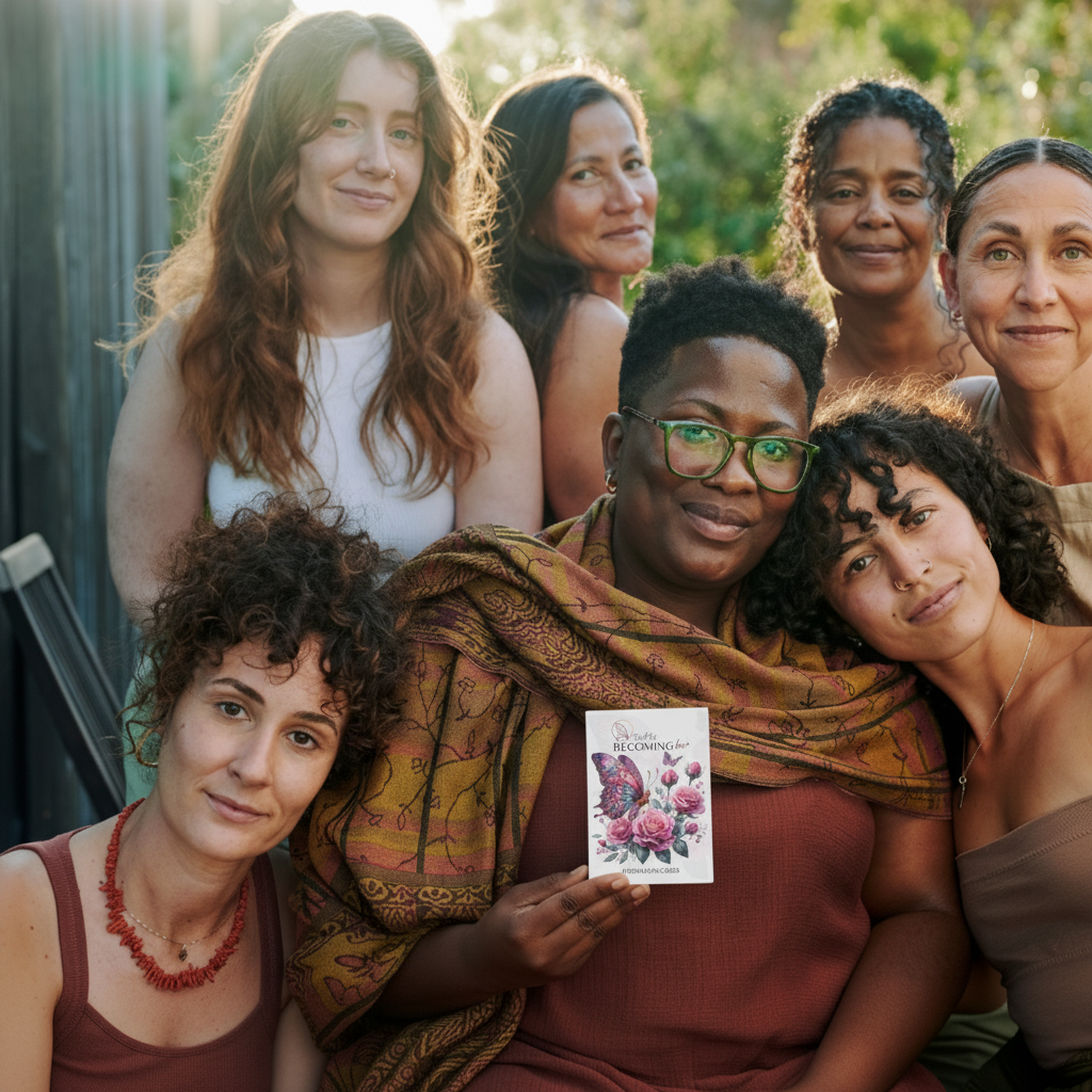 Group of women holding The Art of Becoming Her affirmation card at community gathering