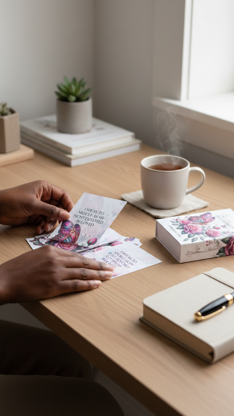 Hands spreading Becoming Her affirmation cards with tea and journal on desk