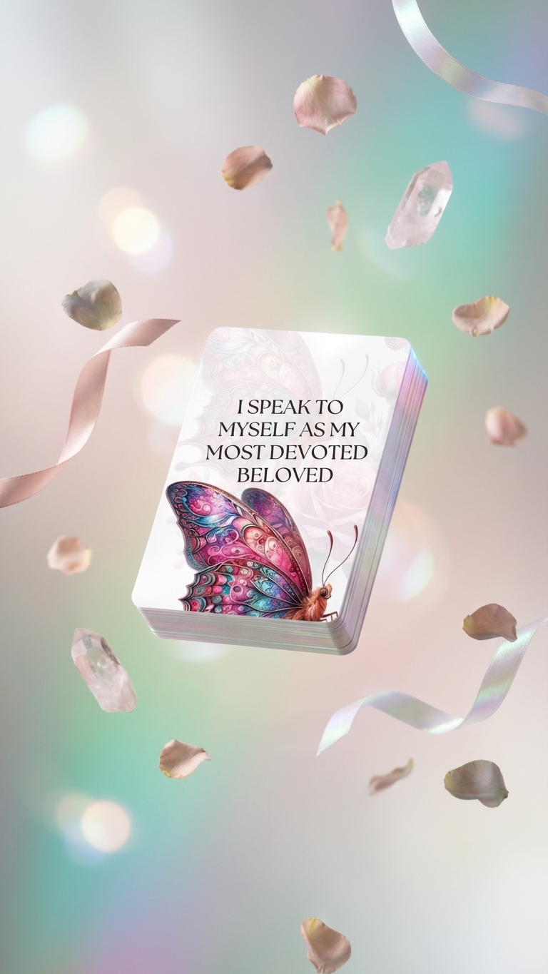 Art of Becoming Her affirmation card with rose petals and crystals representing sacred circle energy