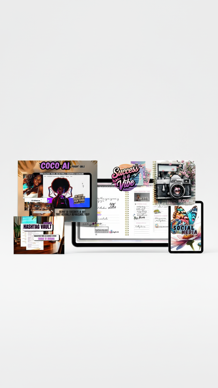 Tamie Myers digital products collection showing Coco AI, PicFlow, Success is a Vibe planner, and Social Media toolkit